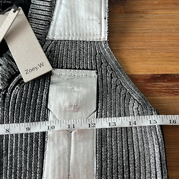 Zoey W. Los Angeles Metallic Knit V Neck Patch Vest Grey Silver - Picture 9 of 12